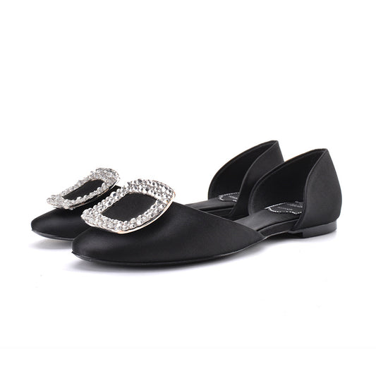 Women's Buckle Flats Hollow Rhinestone Pumps Satin Women's Shoes