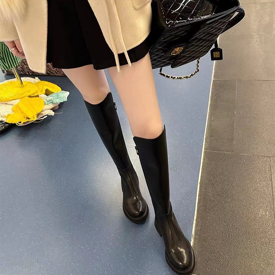 Women's Cowhide Winter Thick Bottom Small Elastic Knight Women's Leather Boots