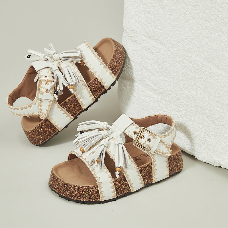 Platinum Summer Round Toe Korean National Style Tassel Roman Embroidered Platform Sandals