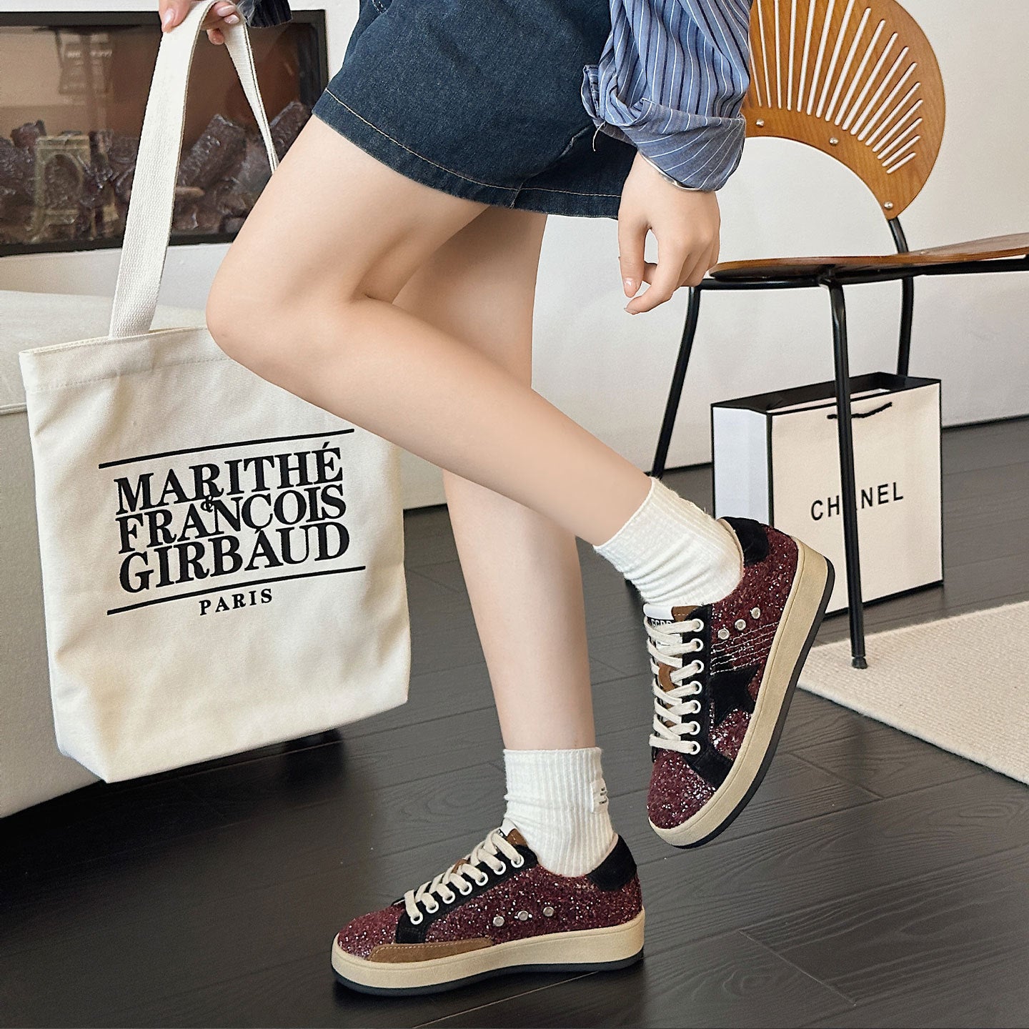 Women's Her Sequins Golden Goose Autumn Distressed Star Round Toe Women's Casual Shoes