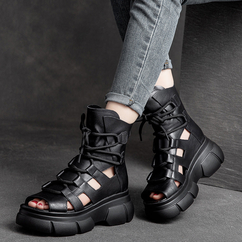 Shu Chun Thick-soled Round Toe Open Brushed Retro Style Platform Sandals