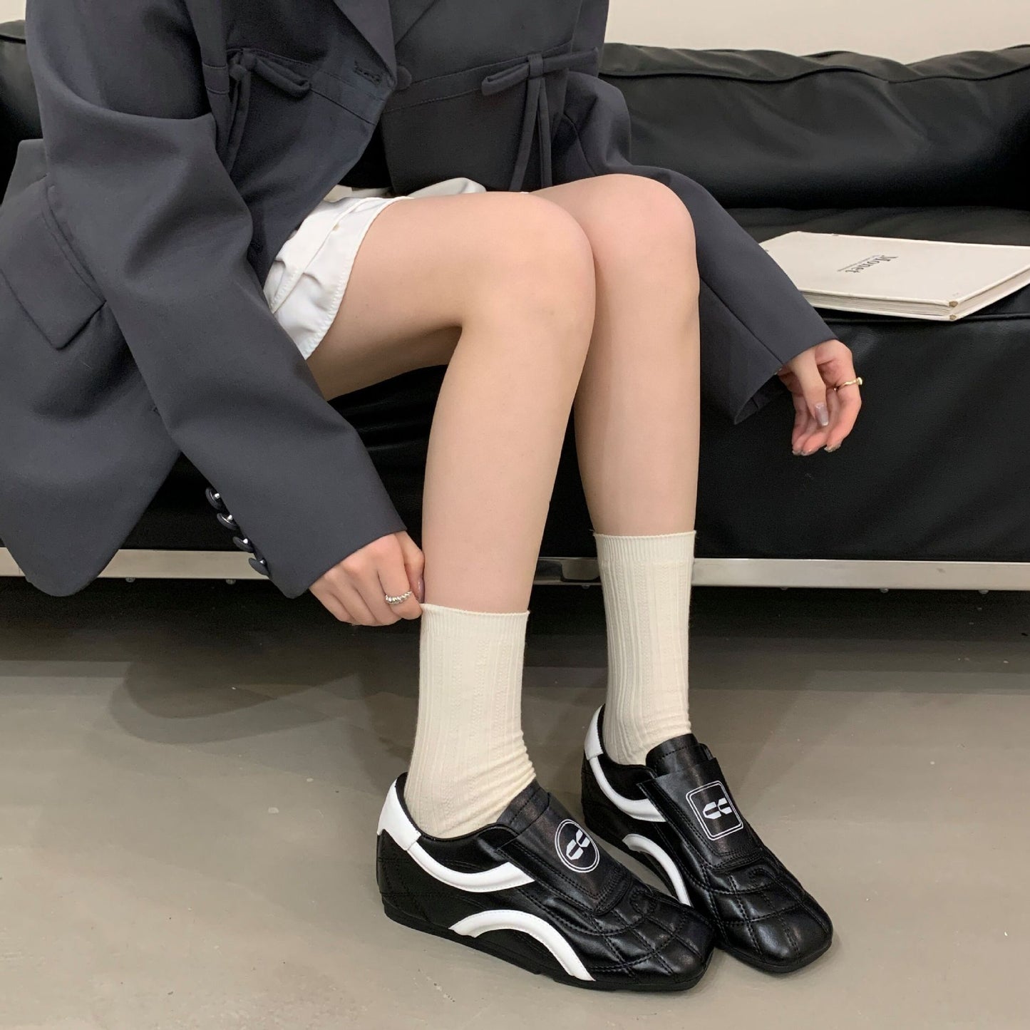 Women's Spring Thick-soled Inner Square Toe Vintage German Training Black Sneakers