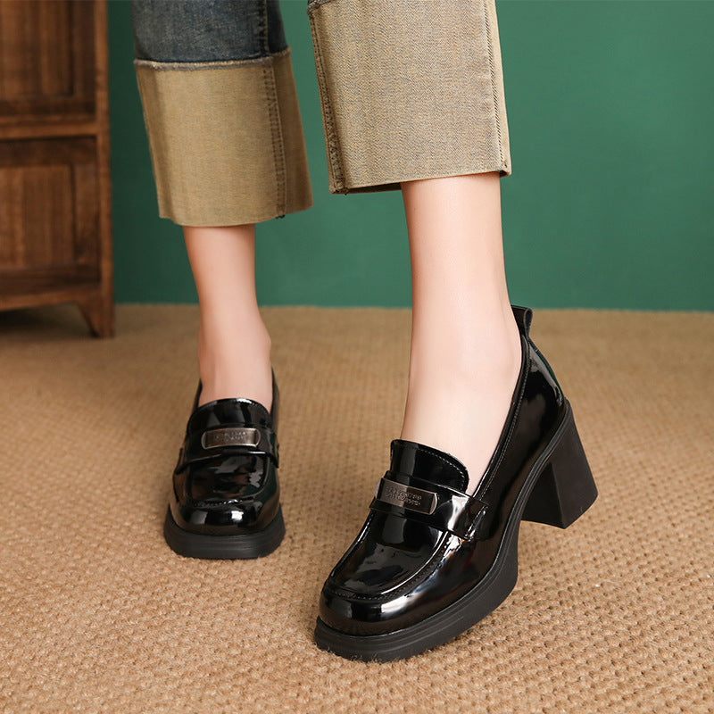 Women's Cowhide British Style High Spring Chunky Platform Comfortable Heels