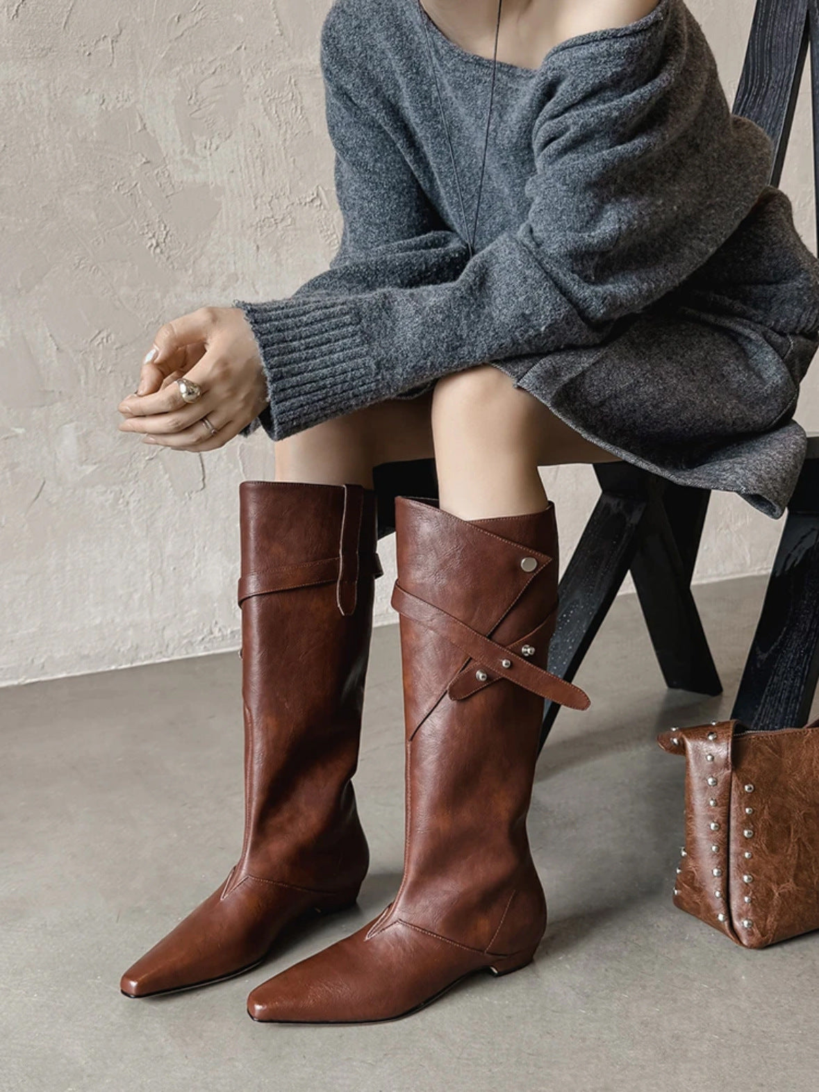 Women's Brown Niche Design Below The Knee Knight Chunky Elegant Belt Women's Leather Boots