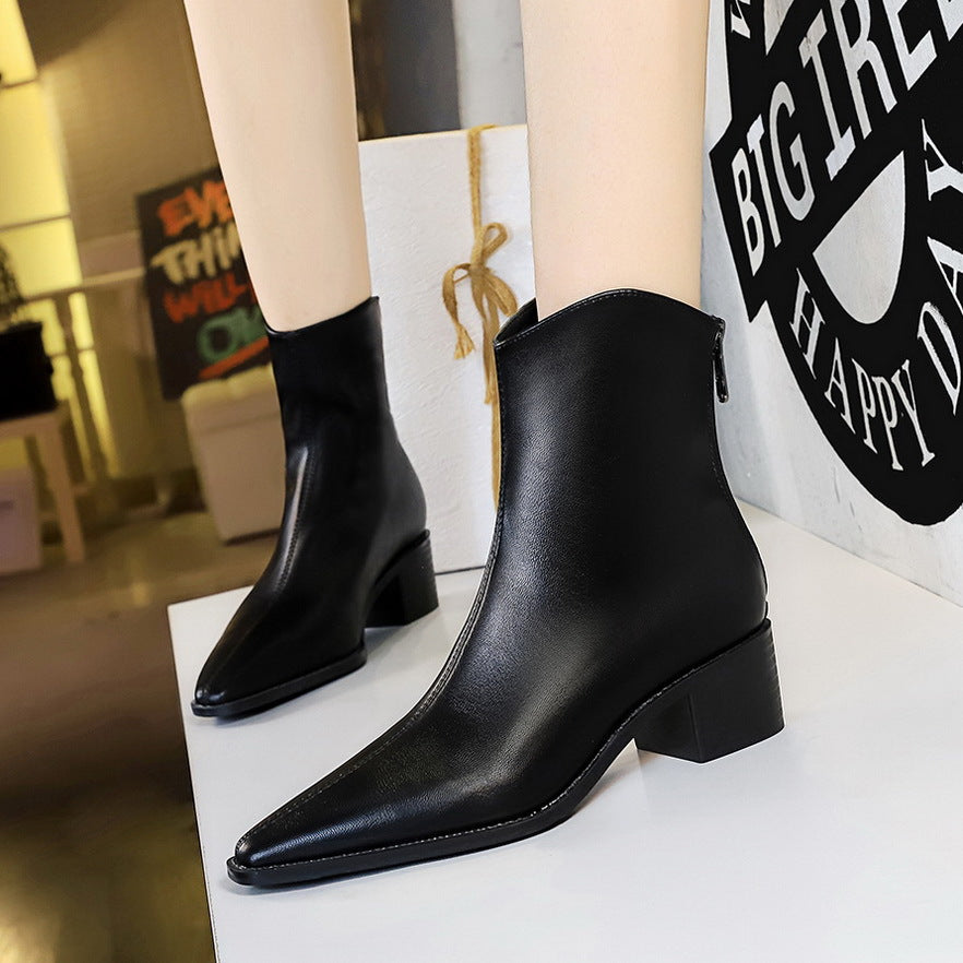 Women's Retro Simple Thick Bootie Pointed Toe Back Zipper Winter Boots