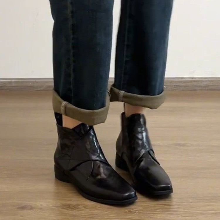 Women's Cowhide Version Niche Square Toe Velcro Martin Boots