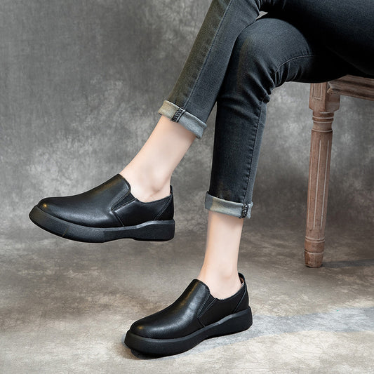 Women's First Layer Cowhide Pumps Round Toe Casual Shoes