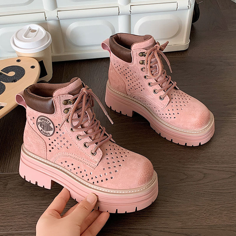 Women's Increasing Insole Pink Small British Style Ankle Thick Boots
