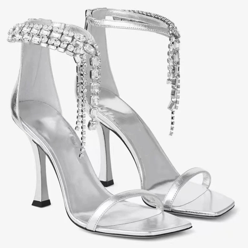 Women's Toe Summer Sier Crystal Chain Open High Heeled Sandals