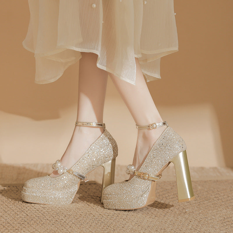 Pearl Waterproof Platform Mary Jane Square Toe Thick Height Women's Fashion Shoes