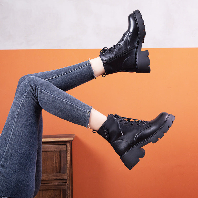 Women's Cowhide Autumn Flat Ankle Retro Round Toe Martin Boots