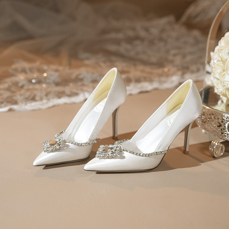 Women's White Rhinestone High Pointed Stiletto Satin French Wedding Dress Bride Women's Fashion Shoes