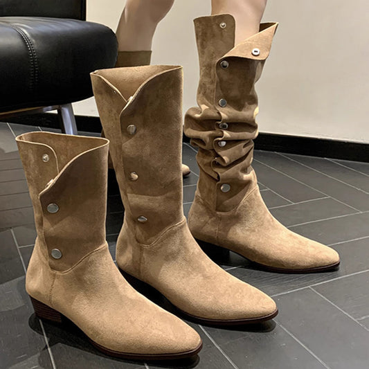 Women's Pile Style Chunky High Western Cowboy Below The Knee Long Women's Leather Boots
