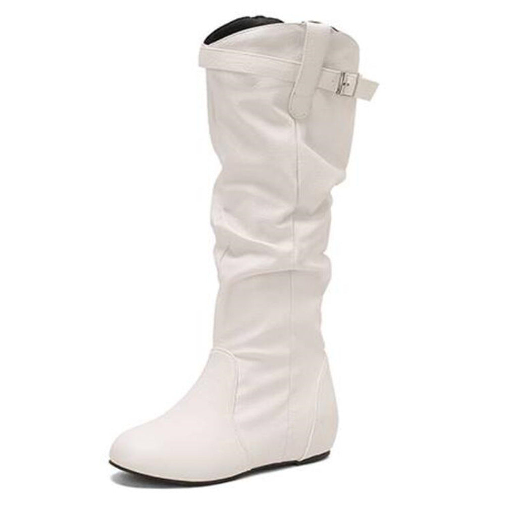 Women's Flat Solid Color Pleated Retro Boots