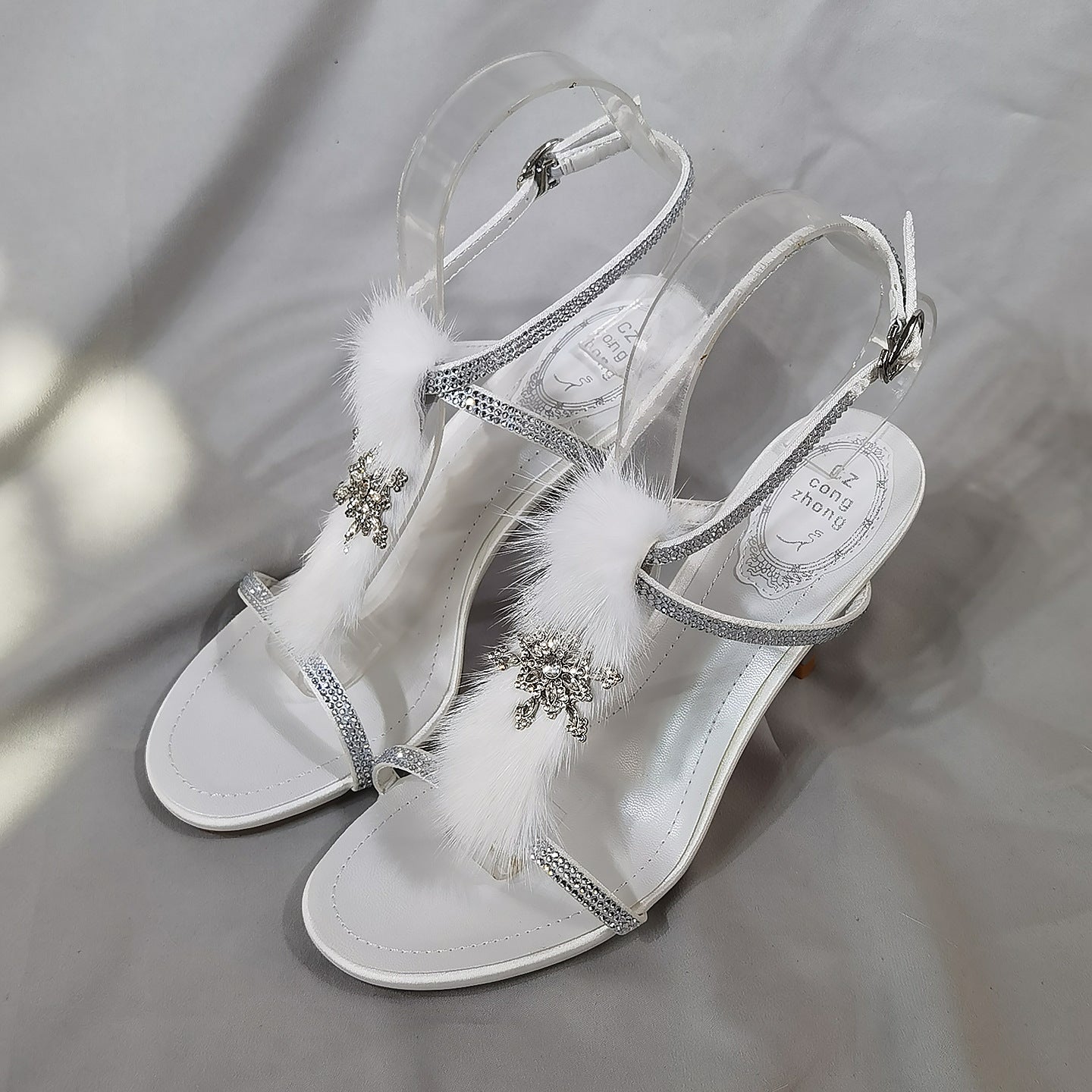 Women's Winter Genuine Mink Fur Fairy Style Rhinestone Stiletto Sandals