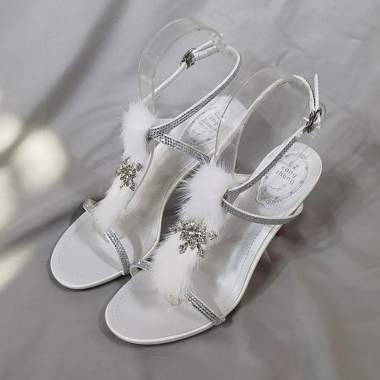 Women's Winter Genuine Mink Fur Fairy Style Rhinestone Stiletto Sandals