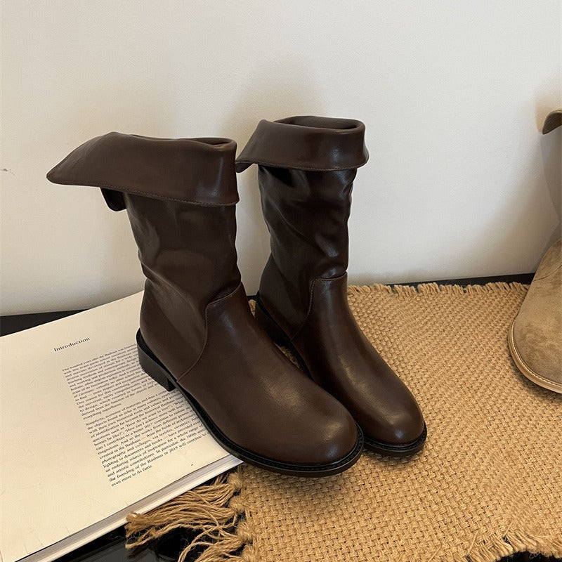 Thick Low Knight Korean Style Fashionable Round Toe Women's Leather Boots