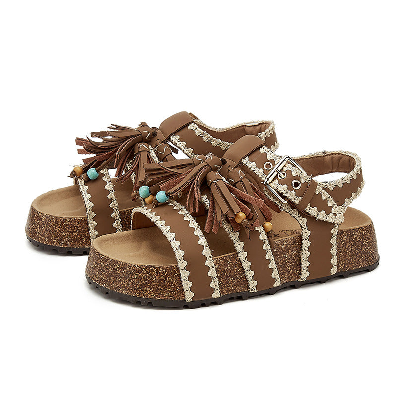 Platinum Summer Round Toe Korean National Style Tassel Roman Embroidered Platform Sandals