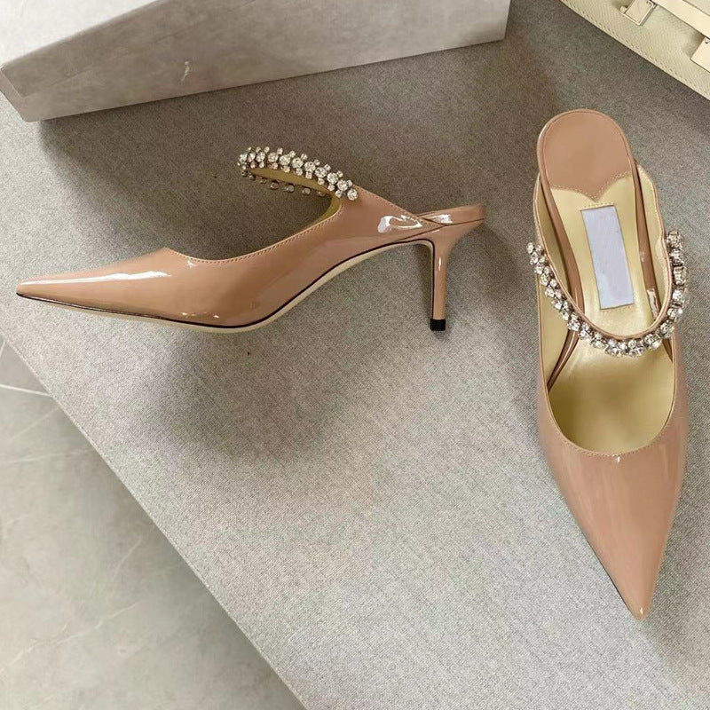 Women's High Version Rhinestone Patent Pointed Toe Pumps Mules Flat Slippers