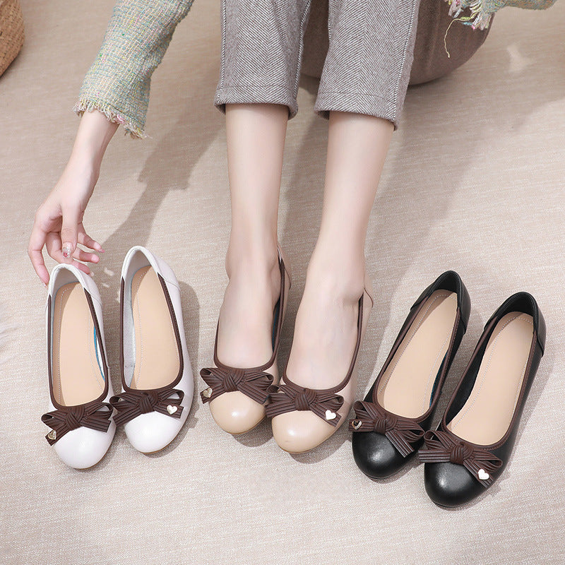 Women's Autumn Wedge Mother Pumps Soft Bottom Top Layer Contrast Color Leather Shoes