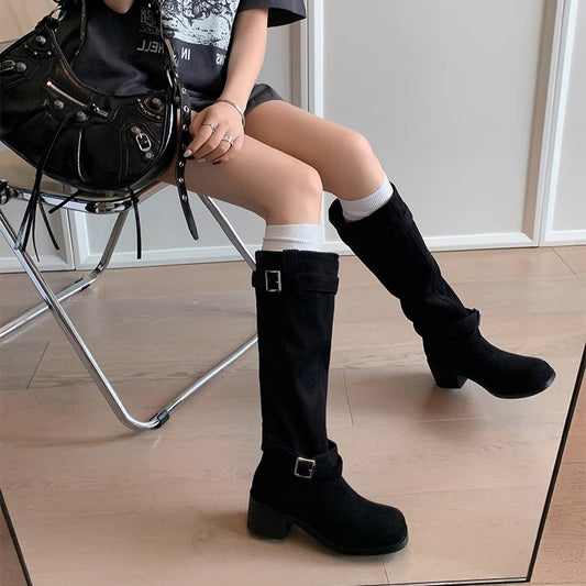 Women's Head Chunky Pile Style Genuine Long Suede Below The Knee Women's Leather Boots