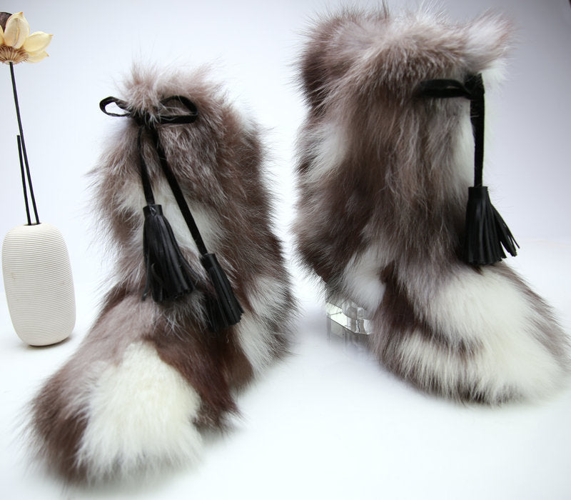 Women's Winter Outdoor Fox Fur Raccoon Snow Boots