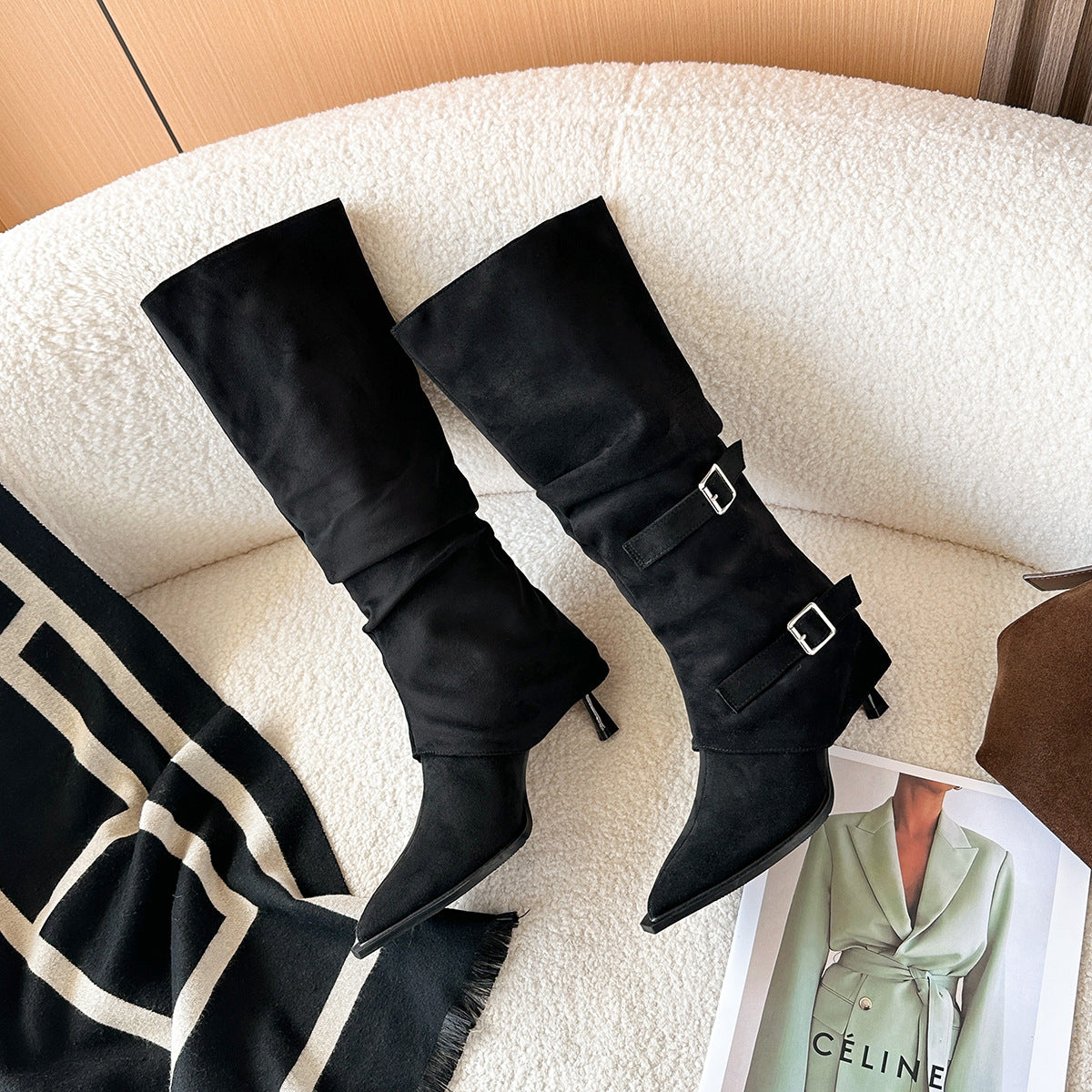Women's Knee Long Canister Pointed Belt Buckle Two-way Wear High Leg Women's Leather Boots