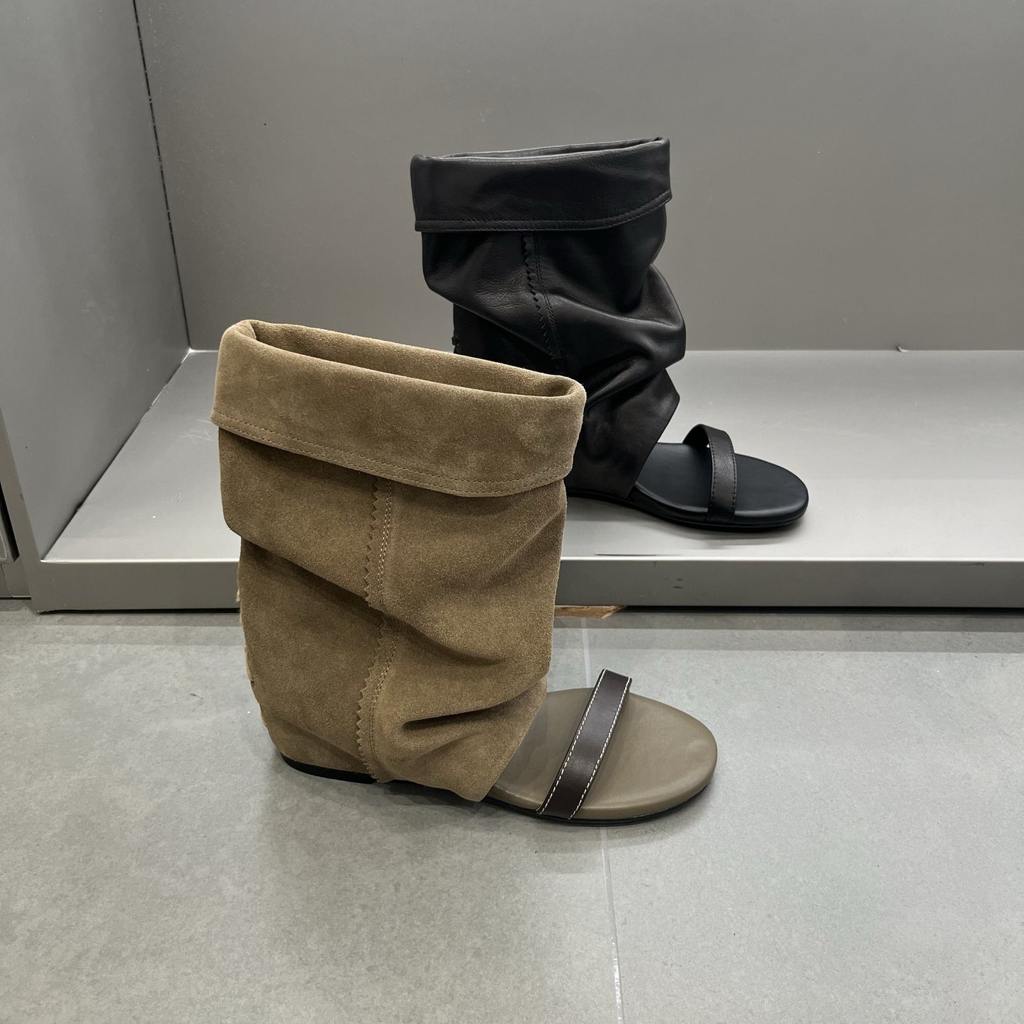 Women's Version Korean Style Niche Height Increasing Insole Open Toe Round Women's Leather Boots