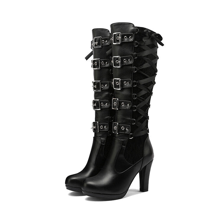 Women's Thick High Belt Color Matching Women's Leather Boots