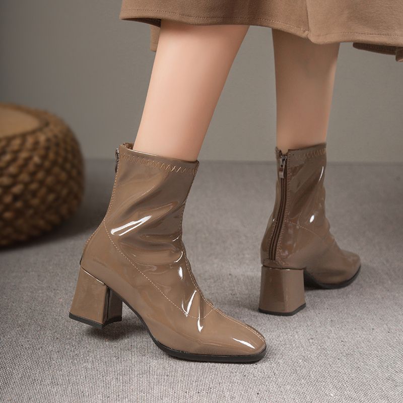 Women's French Style Square Toe Chunky Short High Western Rear Zipper Women's Leather Boots