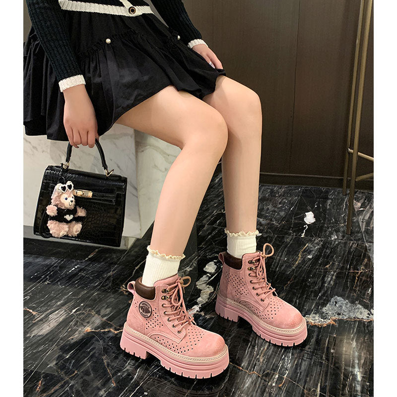 Women's Increasing Insole Pink Small British Style Ankle Thick Boots
