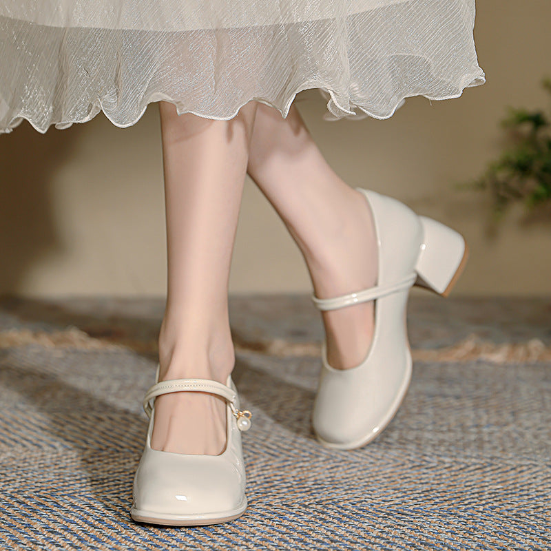 Women's Spring Mirror Pearl Word With Chunky Shallow Mouth Mary Women's Shoes