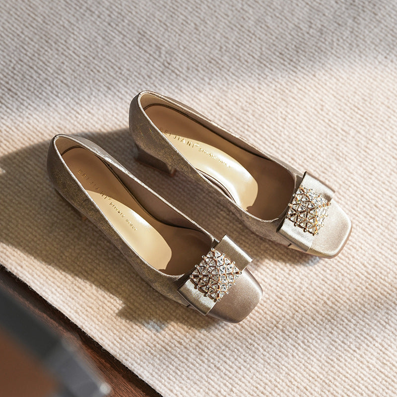 Women's Sheepskin Square Toe Chunky High Bow Women's Shoes