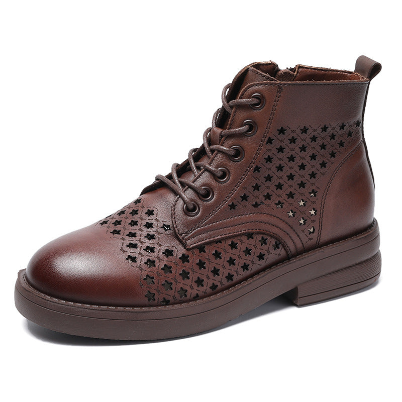 Women's Spring First Layer Cowhide Hollow Short Boots