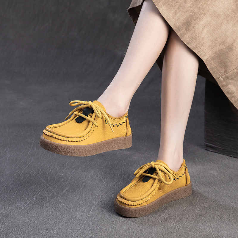 Women's Retro Platform Comfortable First Layer Cowhide British Women's Casual Shoes