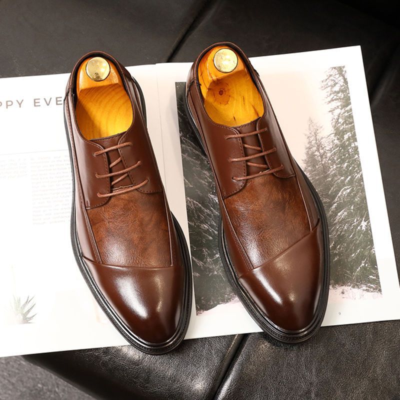 Men's Genuine Brown Lace Thick Bottom Pointed Toe Green Korean Leather Shoes