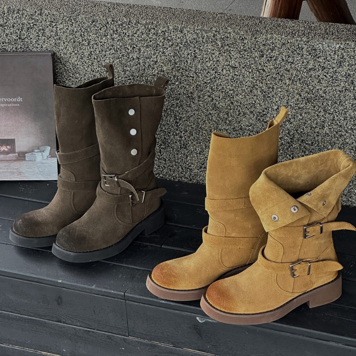 Women's Soil Style Retro Round Head Chunky Lapel Tube Brushed Cow Boots