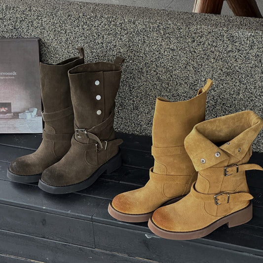 Women's Soil Style Retro Round Head Chunky Lapel Tube Brushed Cow Boots