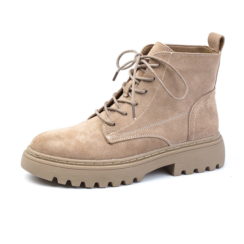 Women's Frosted Genuine British Style Mid Martin Flat Women's Leather Boots