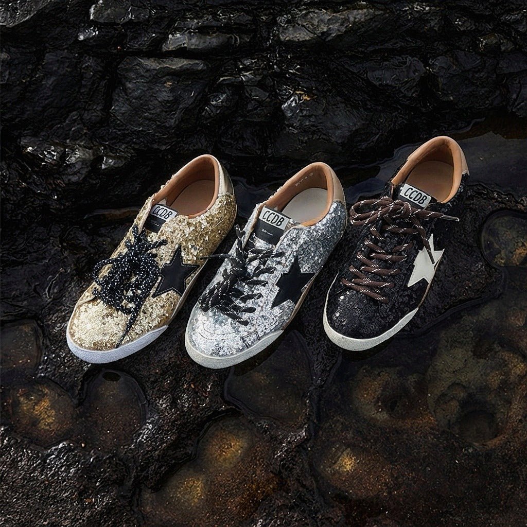 Women's Retro Height Increasing Insole Sequined German Training Flat Sports Distressed Women's Casual Shoes