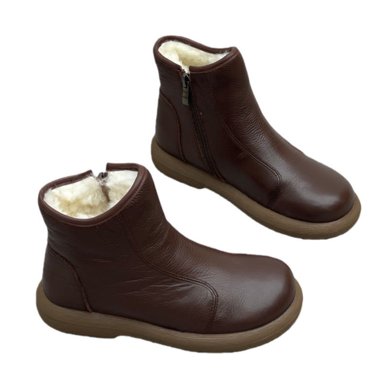 Women's Handmade Art Retro Flat Bottom Round Toe Soft Cowhide Pure Boots