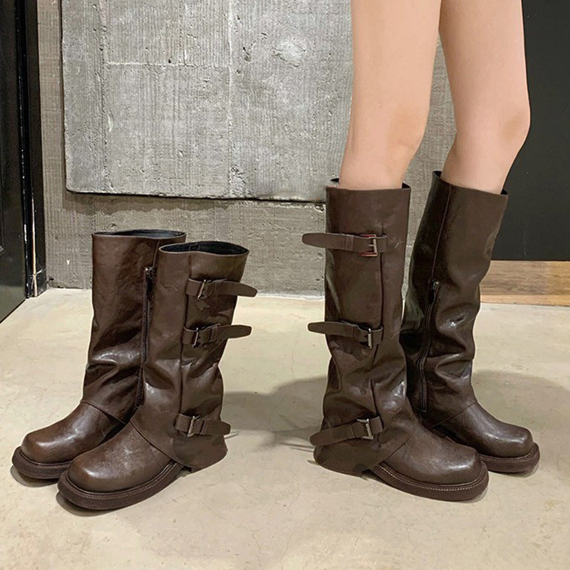 Women's Leg Fine Thick Height Increasing Belt Buckle Women's Leather Boots