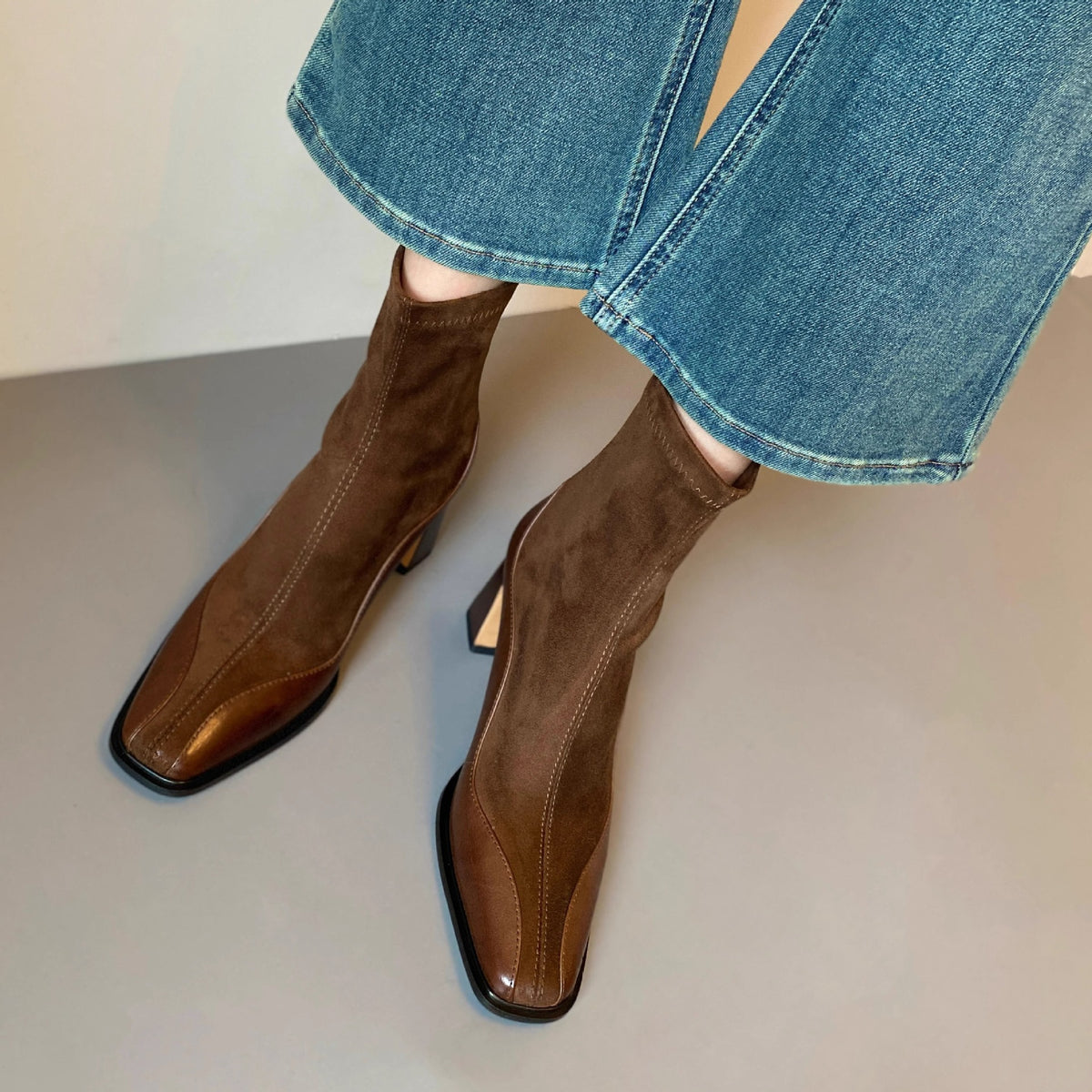 Women's French Style Skinny High-heeled With Short Tube Square Toe Martin Boots