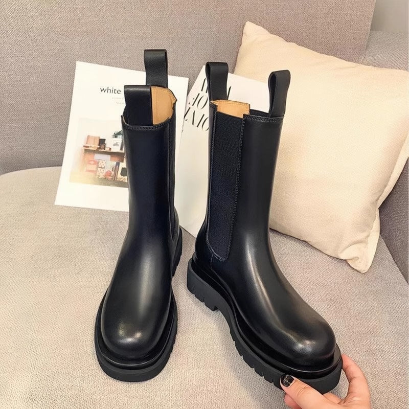 Women's British Style Thick Bottom Smoke Pipe Women's Leather Boots