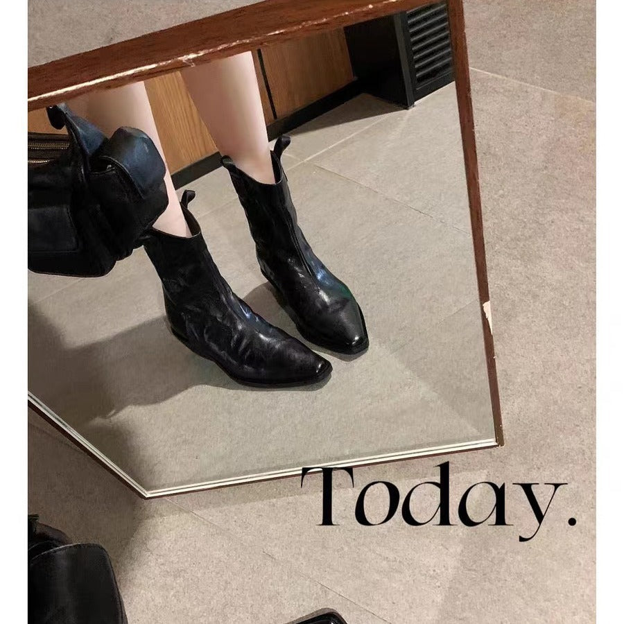 Women's V-shaped Mouth Retro Denim Genuine Skinny Thick Wrinkle Western Short Heels