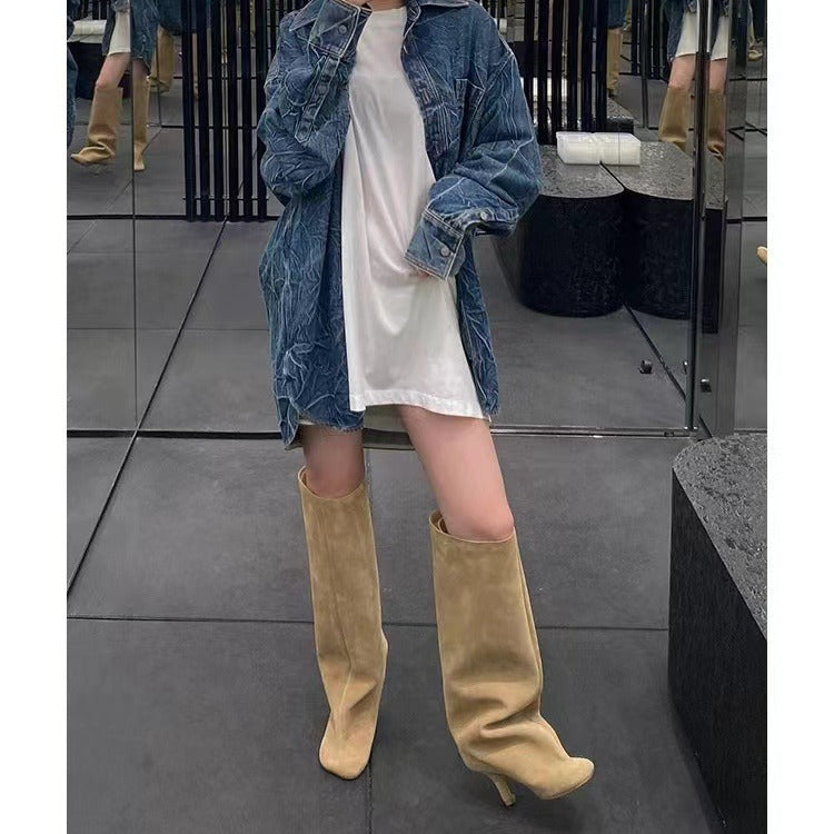 Fashionable Short Pile Style Stiletto Western Women's Leather Boots