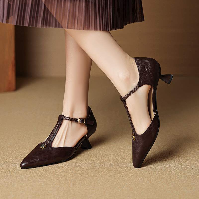 Women's French Retro Camellia Closed Toe Genuine High Heeled Sandals