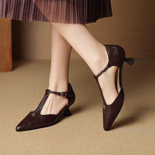 Women's French Retro Camellia Closed Toe Genuine High Heeled Sandals