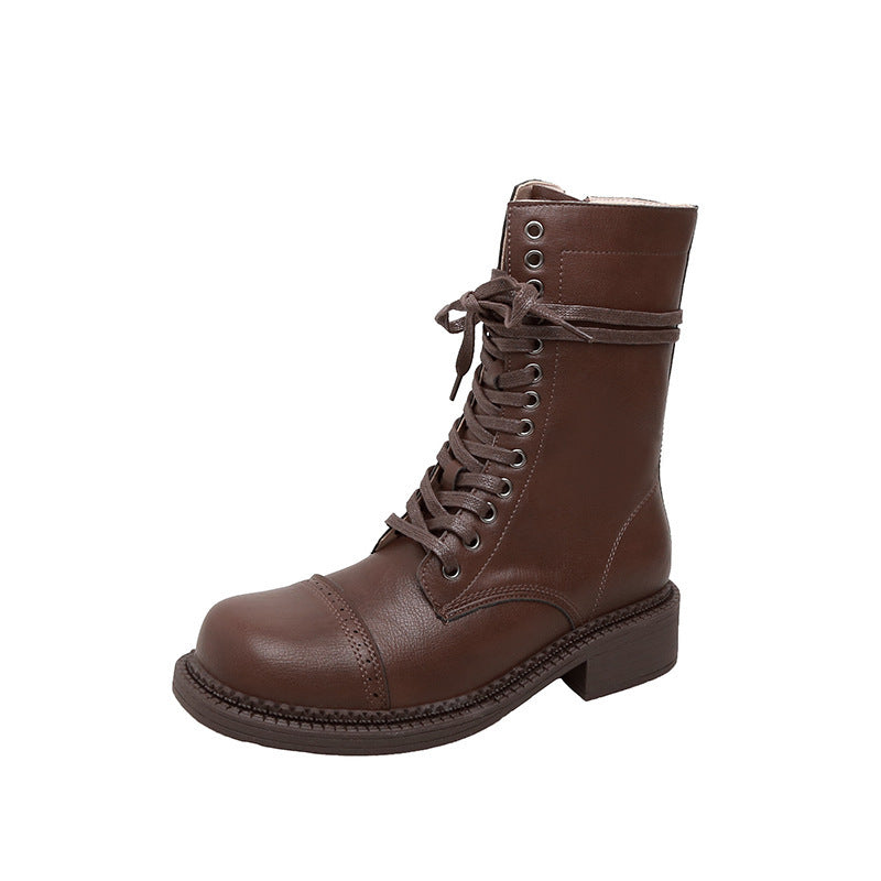 Motorcycle Fashionable Fine Belt Buckle Retro Chunky Tube Genuine Rider Women's Leather Boots