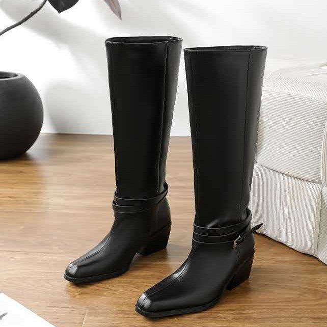 Women's Version Below The Knee Tall Knight Belt Buckle Black Women's Leather Boots